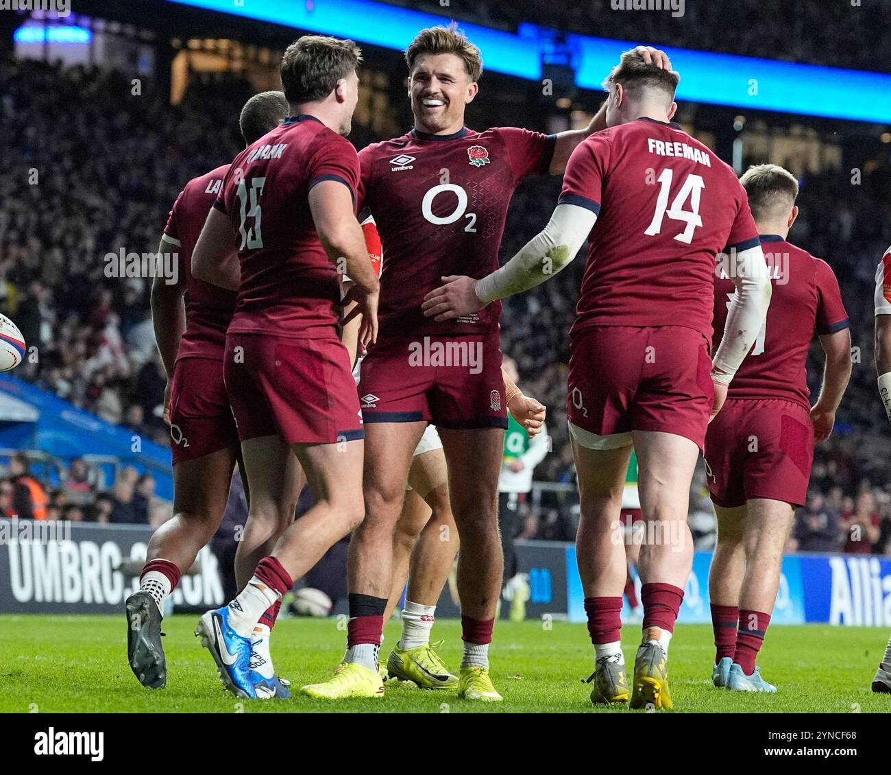 24th November 2024; Allianz Stadium, London, England: Autumn Rugby International, England versus Japan; Henry Slade of England celebrates with Tommy Freeman of England and George Furbank of England Stock Photo