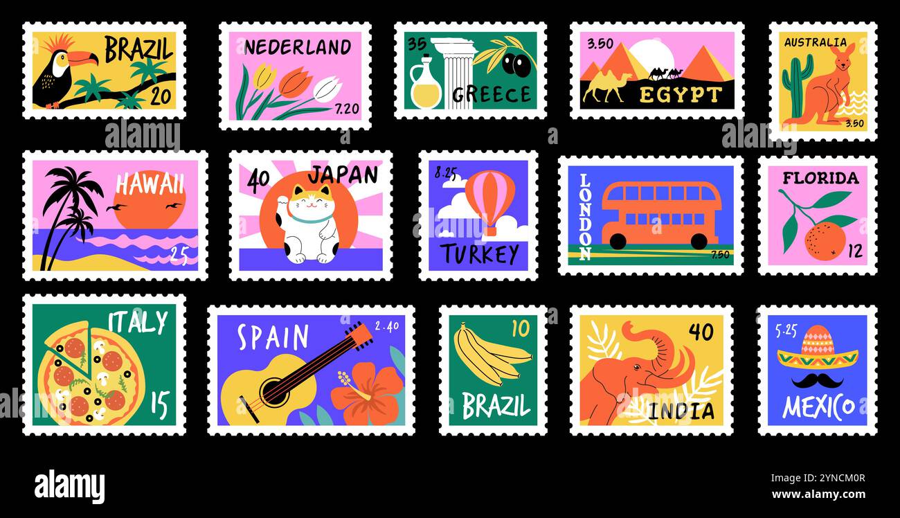 Post stamps. World landmark and architectural objects illustrations on post stamps recent vector template set Stock Vector
