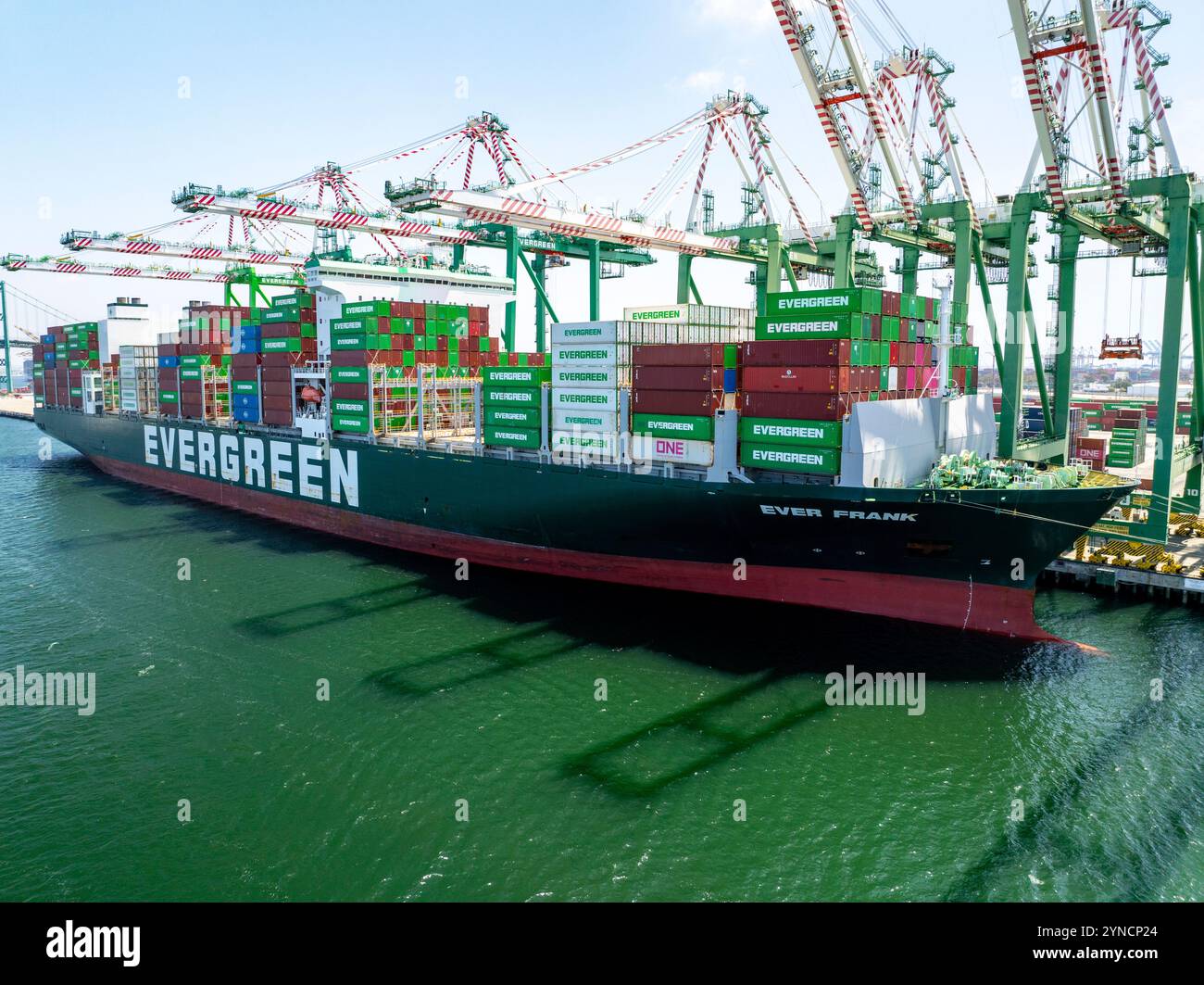 Port of Los Angeles. Everport Shipping Container terminal. Shipping Containers stacked. Gantry cranes loading shipping container ship EVER FRANK Stock Photo