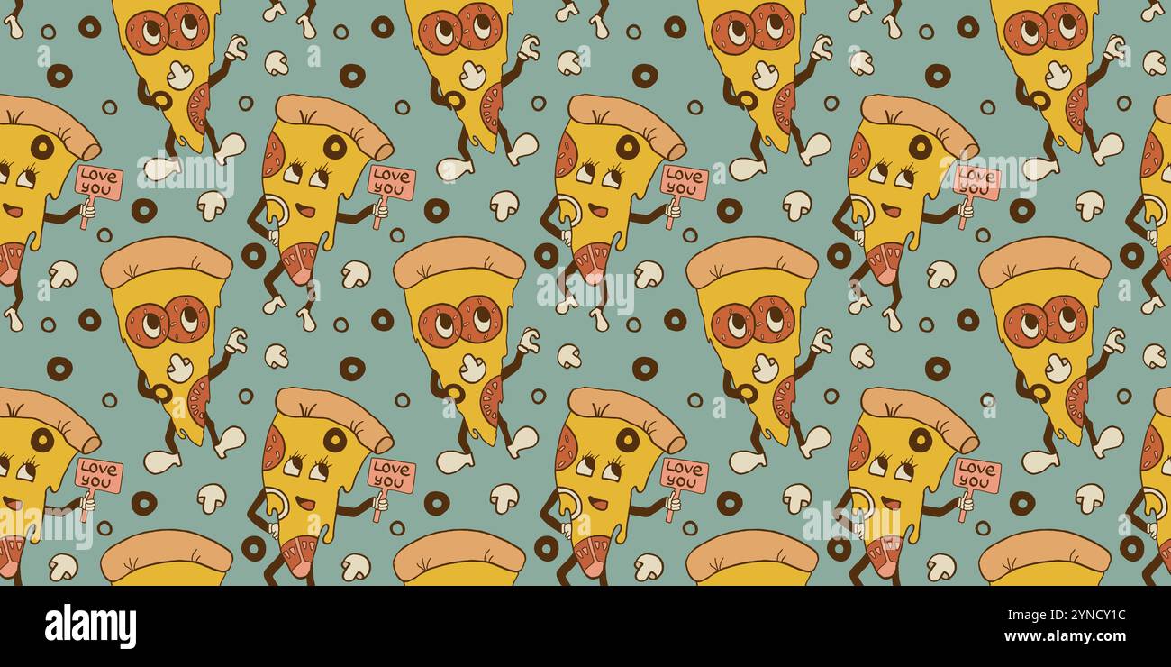 Groovy pizza slice seamless pattern. Stock Vector