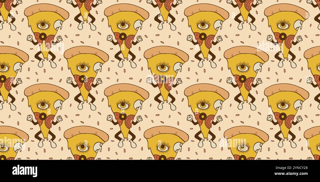 Groovy pizza slice seamless pattern. Stock Vector