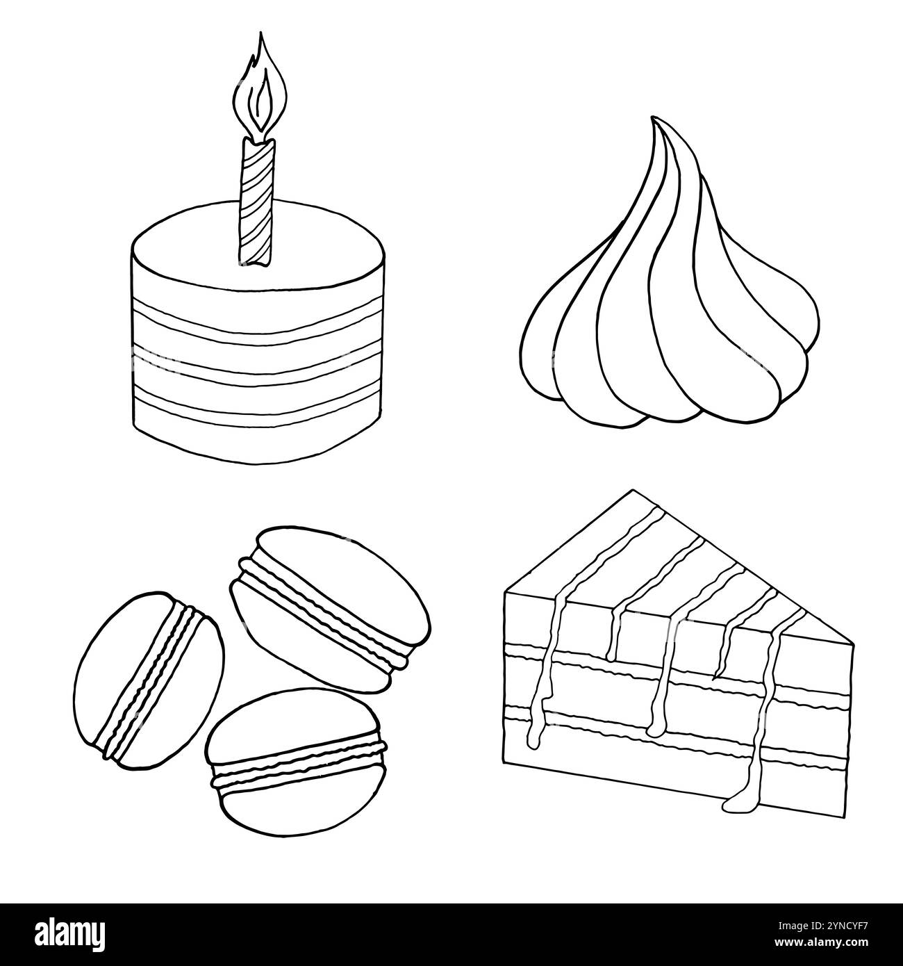 Vector doodle illustration of sweeties. Cake, macaroons, meringue Stock ...