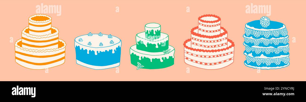 Doodle birthday cake set. Dessert collection Stock Vector