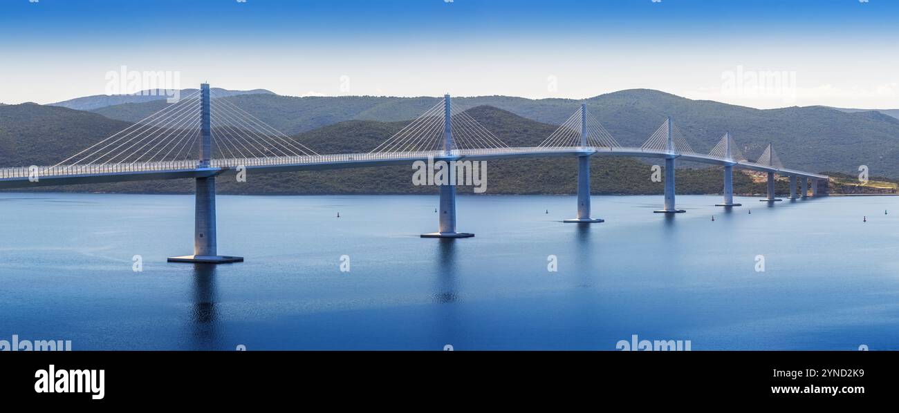 The Peljesac Bridge in Croatia connects the Peljesac Peninsula to the mainland, bypassing Bosnia. It’s 2.4 km long, with stunning views of the Adriati Stock Photo