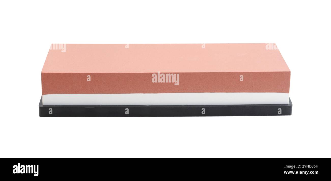 New abrasive sharpening stone isolated on white. Stock Photo