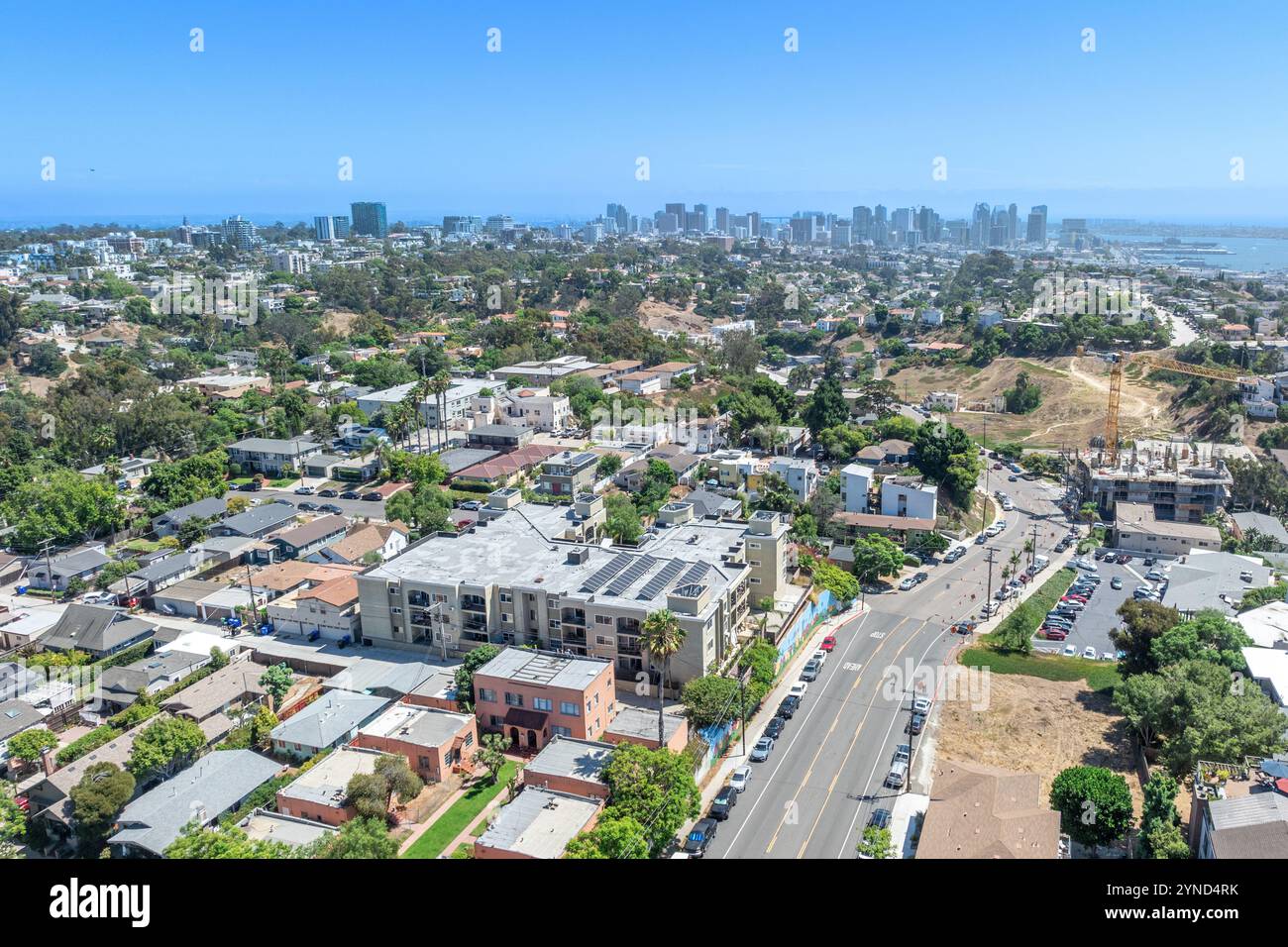 Aerial view above Hillcrest neighborhood in San Diego, South California ...