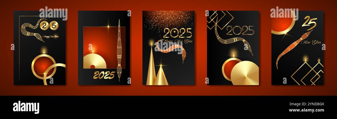 set cards 2025 Chinese New Year gold texture in red and black background. Year of the Snake. Vector modern art design for cover, card, poster, banner. Stock Vector