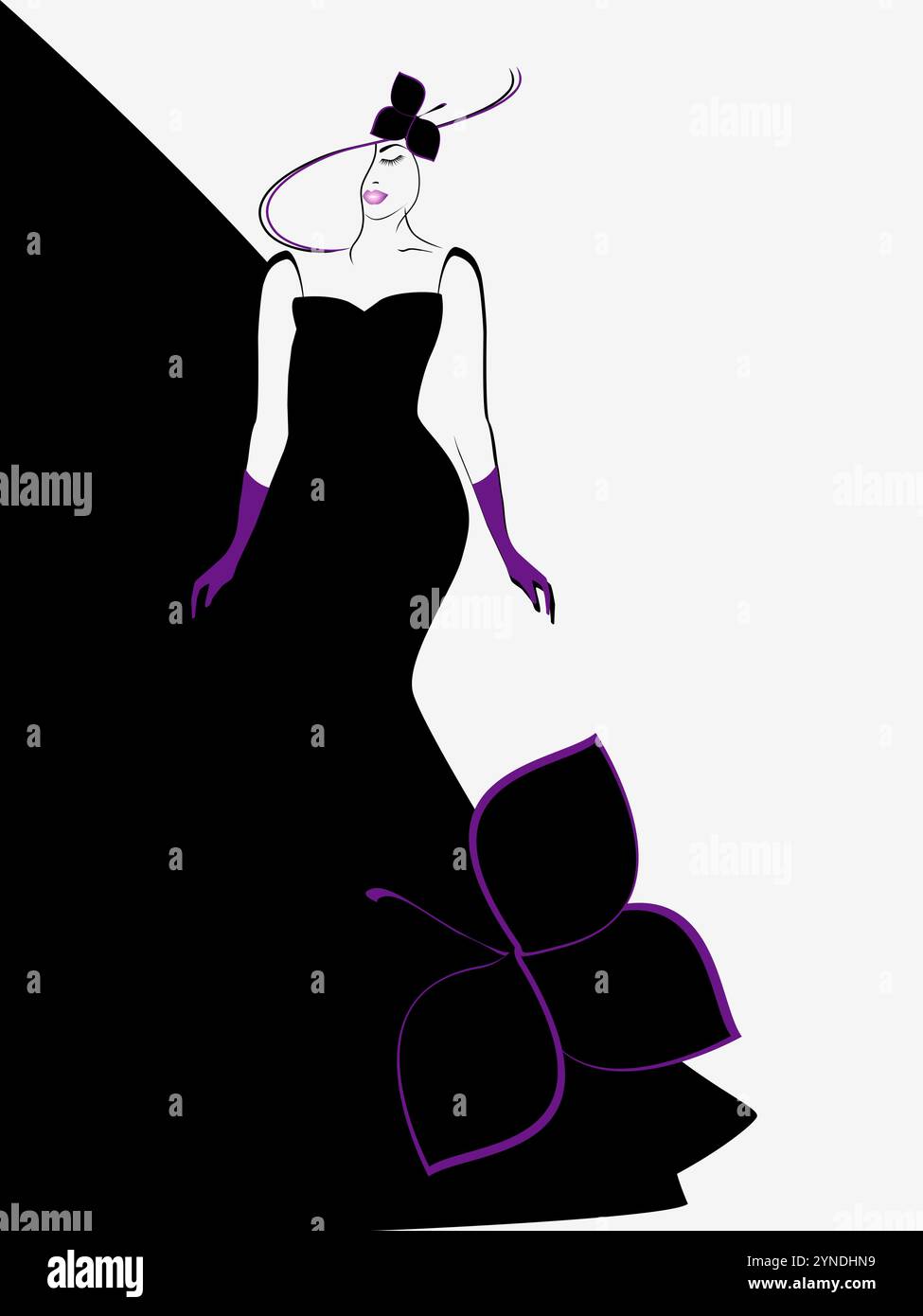 Illustration of beauty black and white background with woman in a long ...
