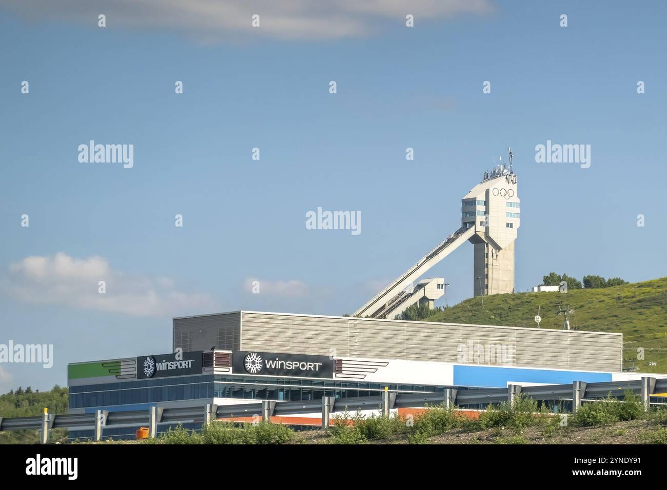 Calgary, Alberta, Canada. Aug 1, 2023. WinSport Canada Olympic Park. A ski hill and multi-purpose training and competition facility during summer Stock Photo