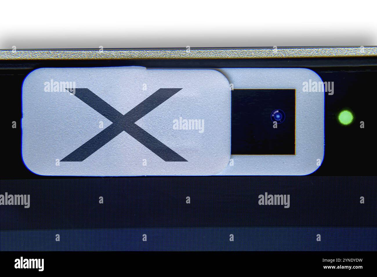 A white camera privacy cover slide with and X on it. Camera web cover for a computer. Concept Computer camera hack privacy Stock Photo