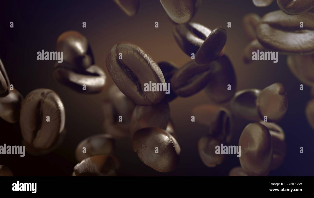 Front view background of falling brown coffee beans Stock Photo