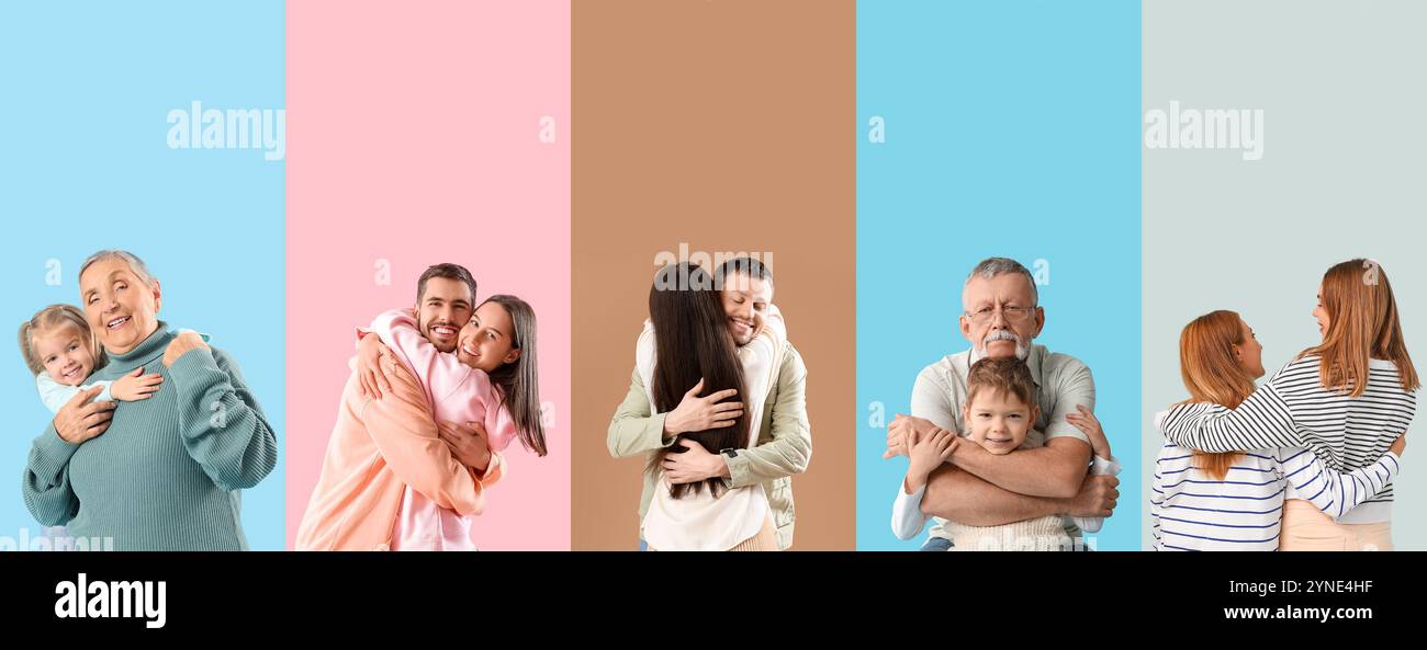 Collection of happy hugging people on color background Stock Photo - Alamy