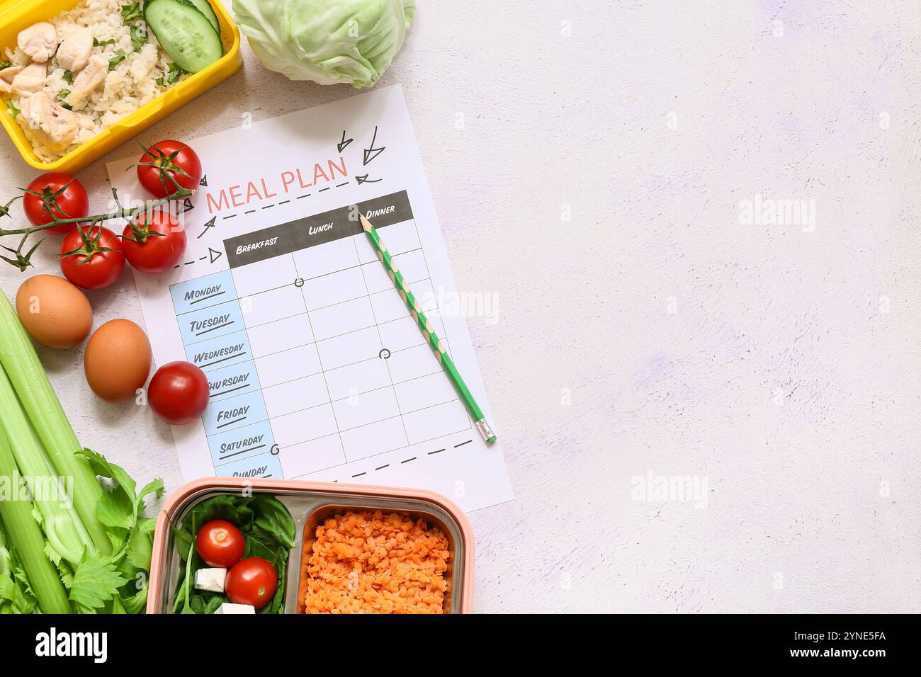 Healthy products and weekly meal plan on light background. Diet concept ...