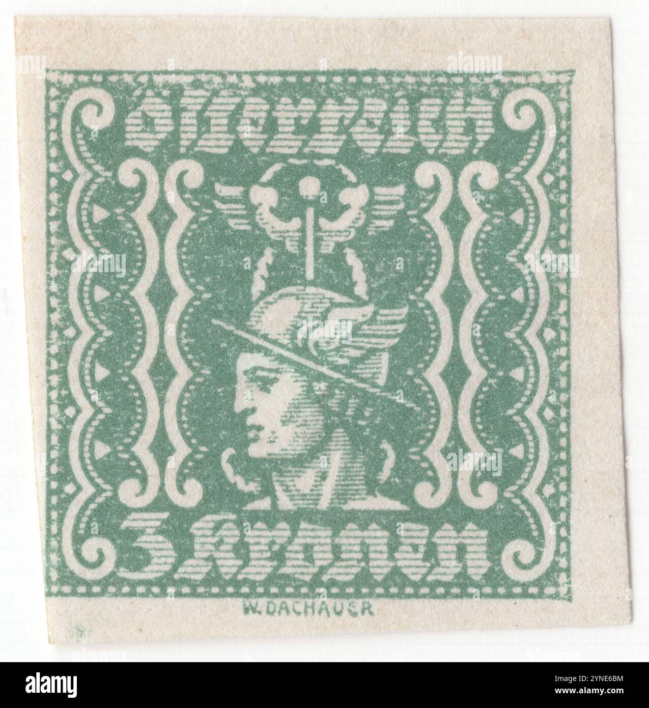 AUSTRIA — 1922 January: 3 krone dull green Newspaper stamp depicting stylized head of the ancient god Mercurius (Mercury, Hermes) with a Caduceus and a Winged Helmet framed with geometric ornament. Mercury is a major god in Roman religion and mythology, being one of the 12 Dii Consentes within the ancient Roman pantheon. He is the god of financial gain, commerce, eloquence, messages, communication (including divination), travelers, boundaries, luck, trickery, and thieves; he also serves as the guide of souls to the underworld and the 'messenger of the gods' Stock Photo