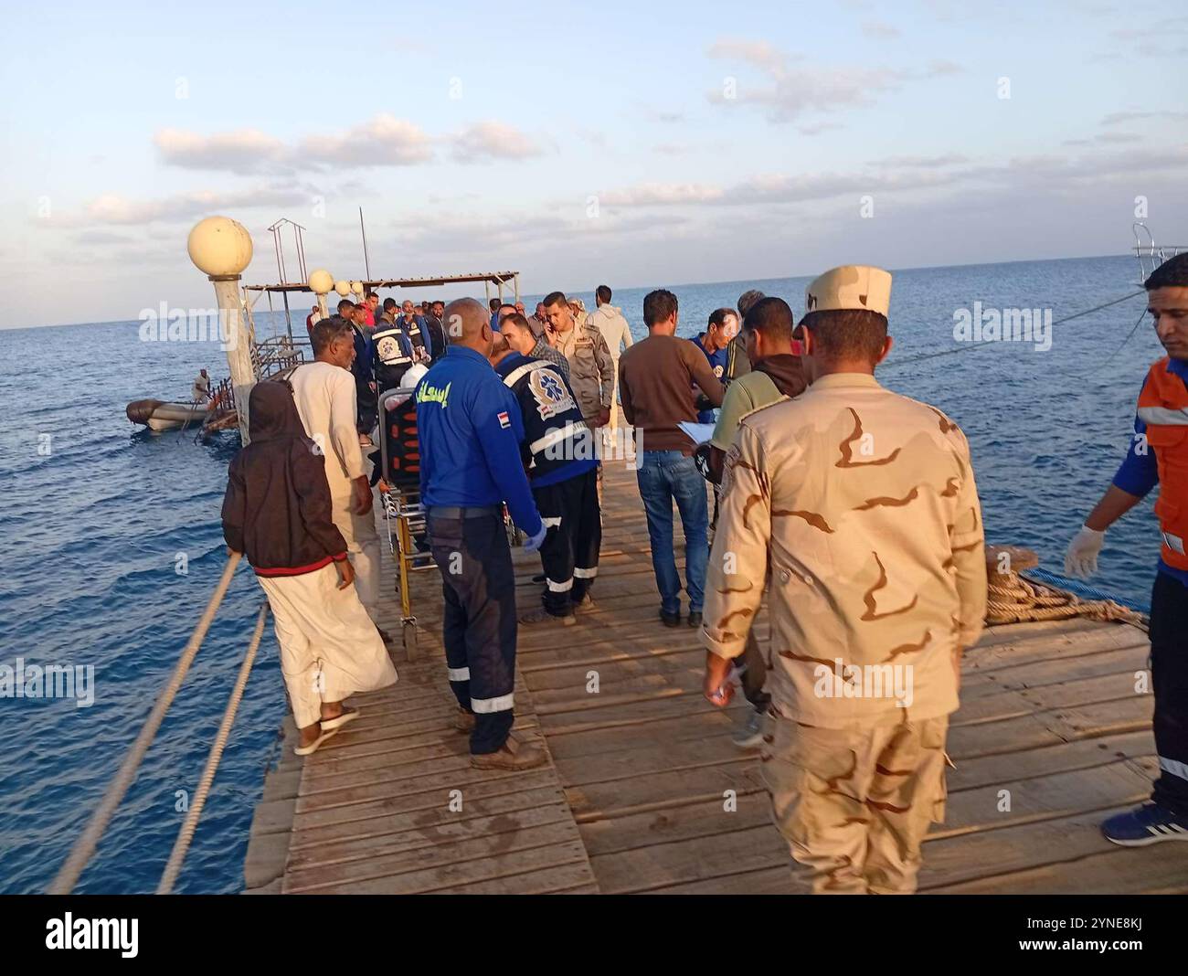 (241125) -- MARSA ALAM (EGYPT), Nov. 25, 2024 (Xinhua) -- Rescuers work near the site where a boat sank in the Red Sea, in Marsa Alam, the Red Sea Province, Egypt, on Nov. 25, 2024. Four Egyptians and 12 foreigners were still missing after a boat sank in the Red Sea earlier in the day, Governor of Egypt's Red Sea Province Amr Hanafy said on Monday. (Xinhua) Credit: Xinhua/Alamy Live News Stock Photo