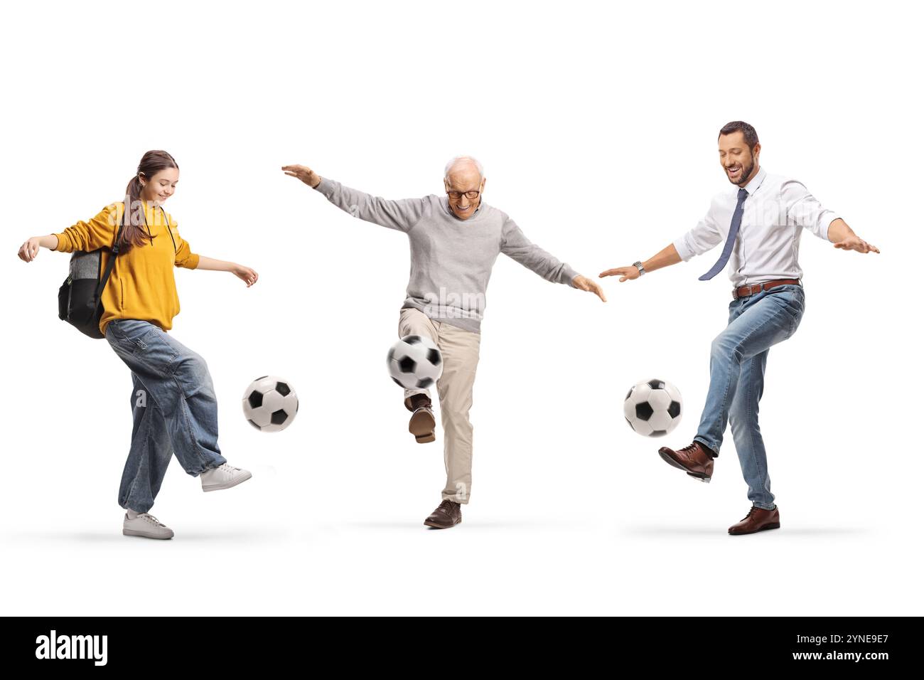 Girl playing football with father and grandfather isolated on white background Stock Photo