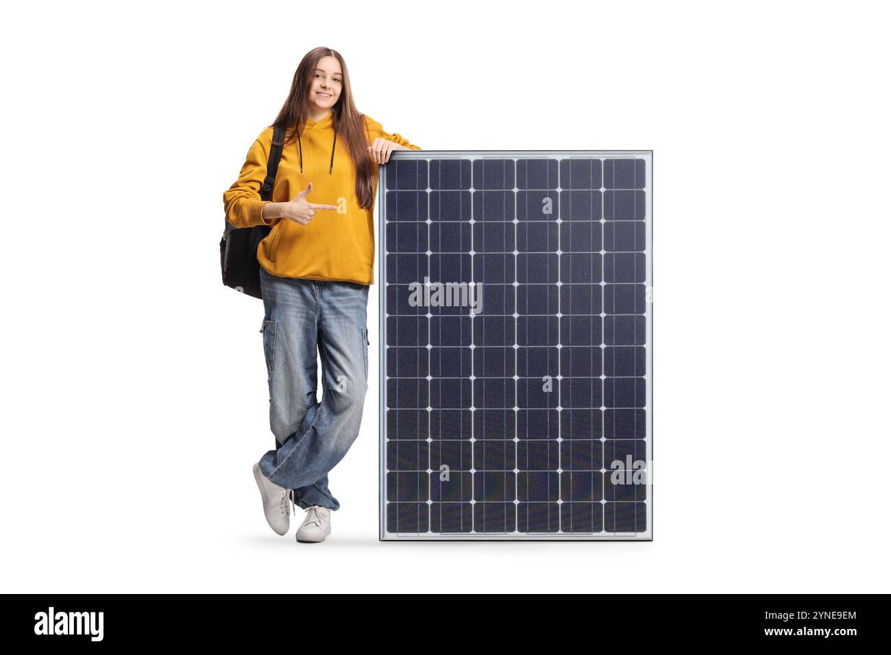 Female student pointing at a solar panel isolated on white background ...
