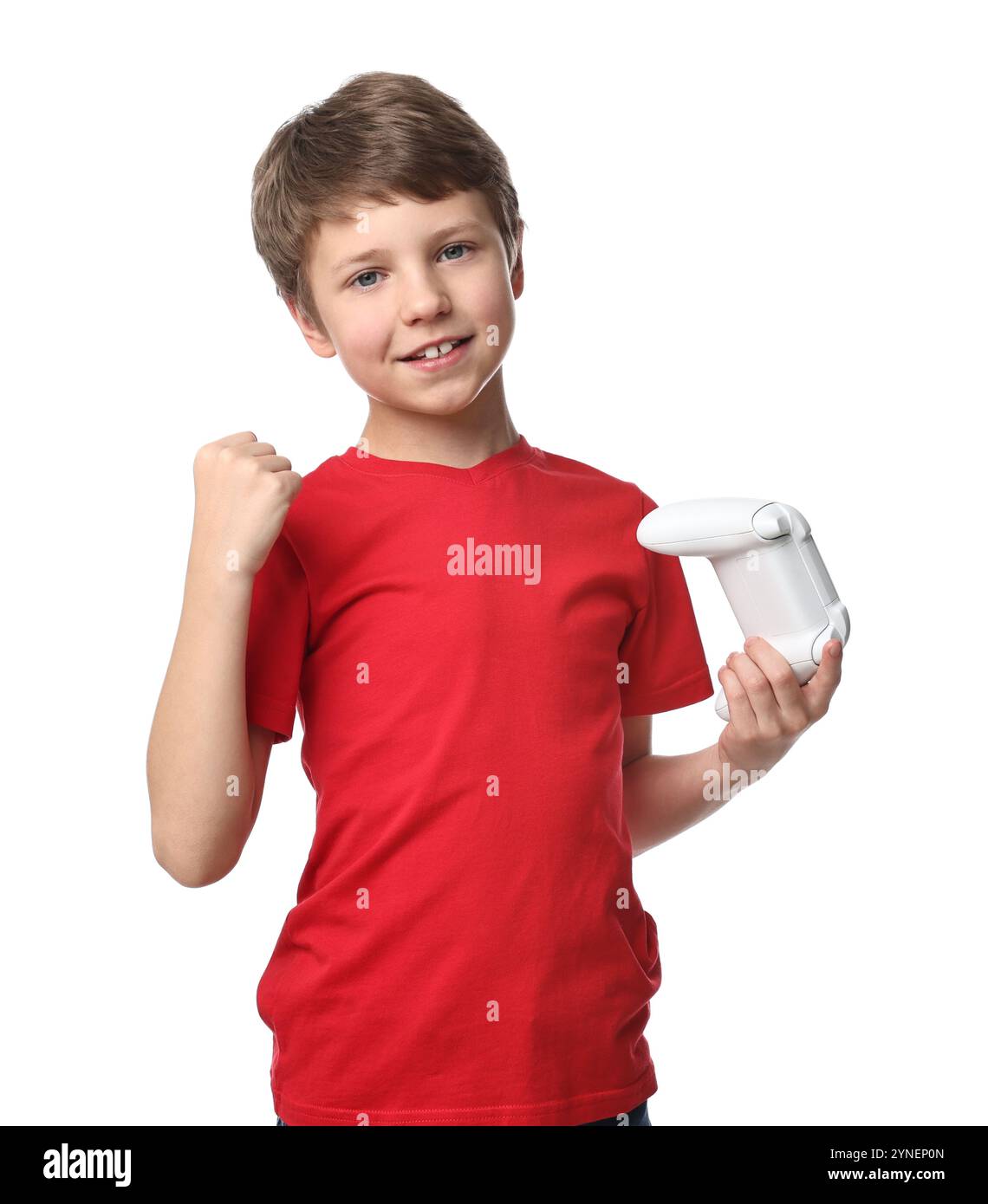 Happy little boy with controller on white background Stock Photo - Alamy