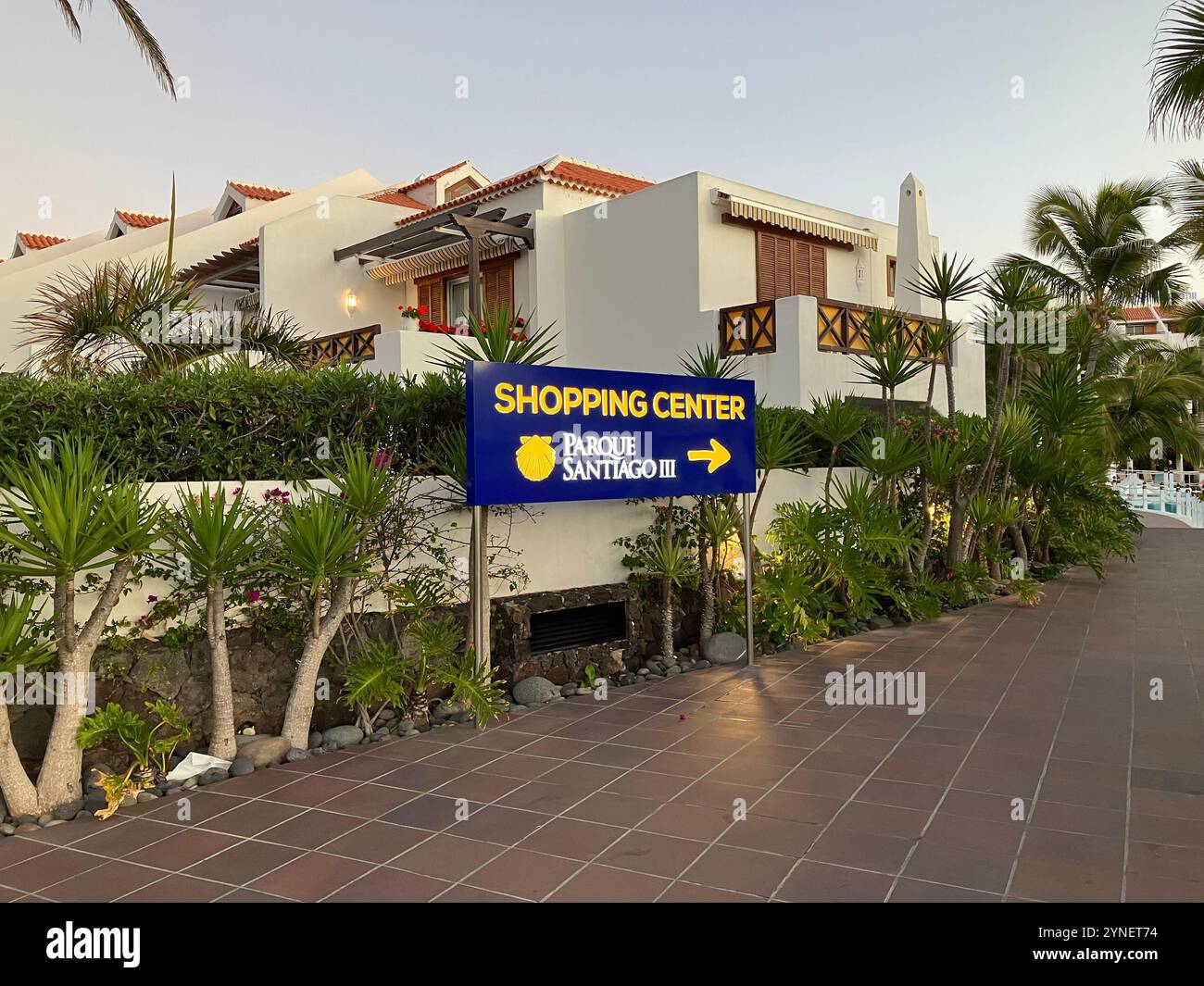 Entrance to Parque Santiago III Shopping Center and Apartments in Playa de las Américas. Arona, Tenerife, Canary Islands, Spain. 7th February 2023. - Smartphone Captured Stock Image