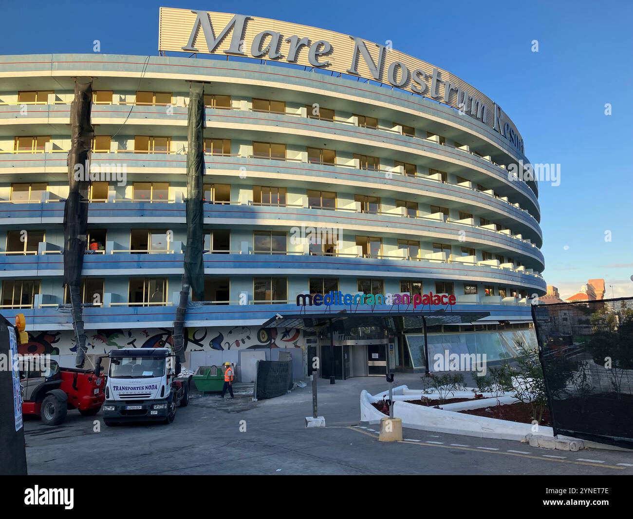 Mediterranean Palace Hotel being refurbished. Mare Nostrum Resort, Playa de las Américas, Arona, Tenerife, Canary Islands, Spain. 7th February 2023. - Smartphone Captured Stock Image