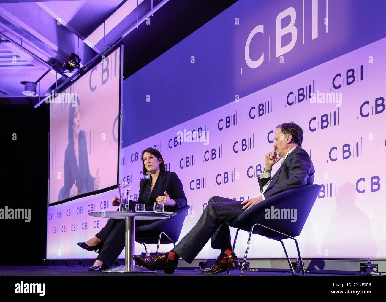 London, UK. 25th Nov, 2024. Rachel Reeves, MP, Chancellor of the Exchequer talks to Keith Anderson, CEO Scottish Power, at the conference. The annual CBI Conference (Confederation of British Industries) attracts a high caliber of speakers and panelists from business and politics. Credit: Imageplotter/Alamy Live News Stock Photo