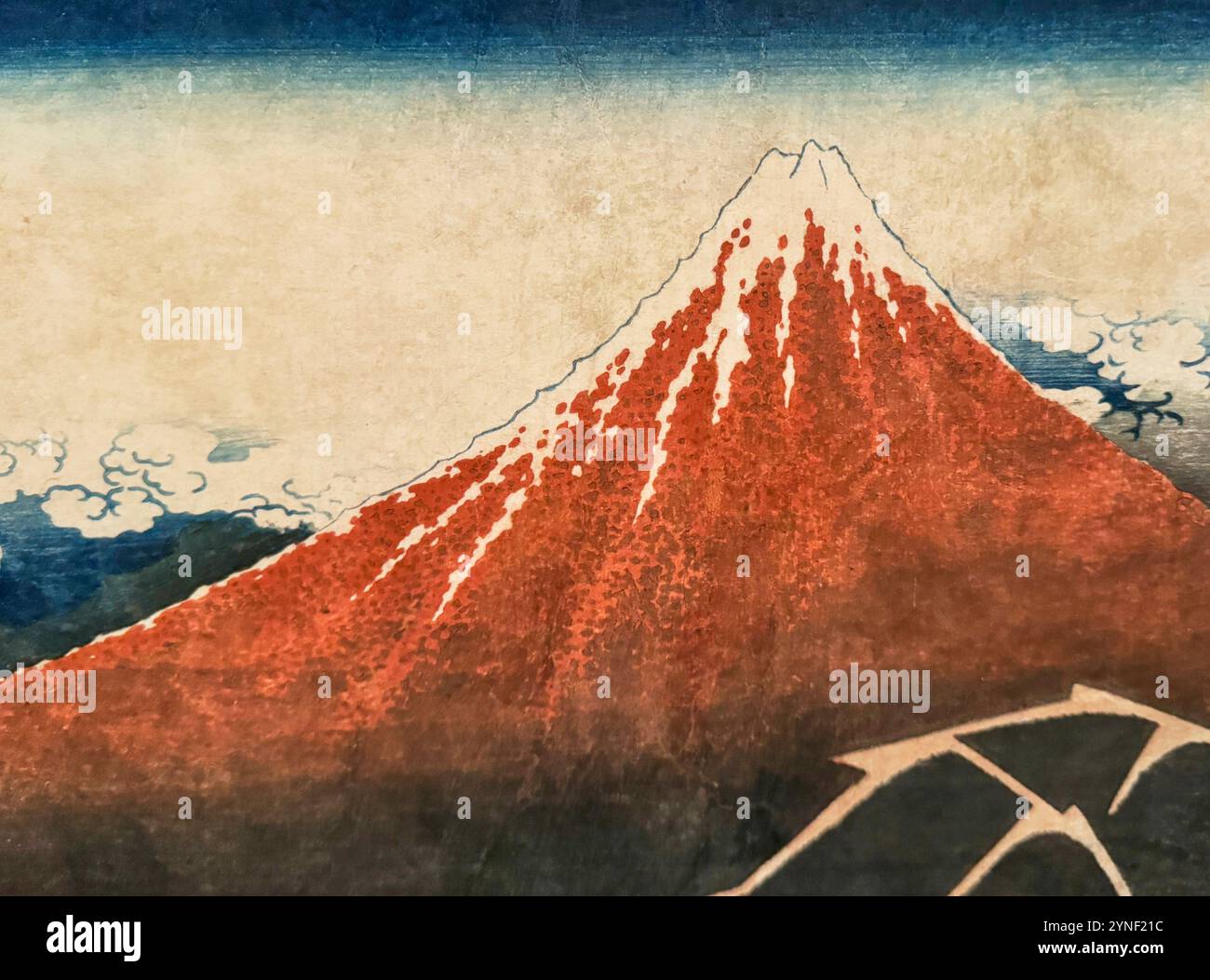 Fuji in Clear Weather by Katsushika Hokusai. Red Mt Fuji with snow. A Japanese woodcut print at the Legion of Honor in San Francisco, California. Stock Photo