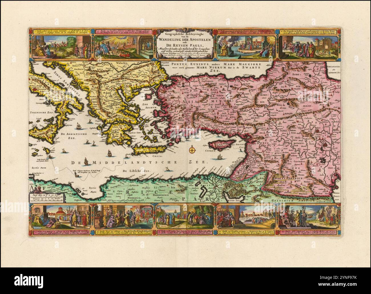 Ca. 1650 map of the Eastern Mediterranean illustrating the travels of St. Paul. Stock Photo