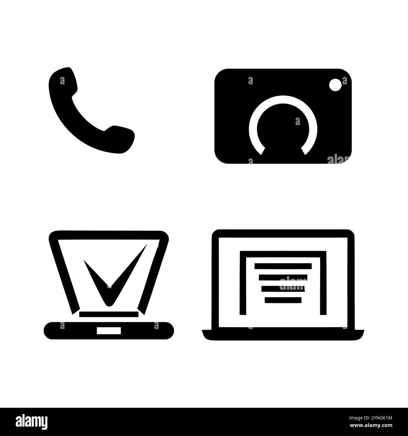 Technology icon set. Containing phone, camera, black checkbox, laptop, solid black icon collection. Stock Vector