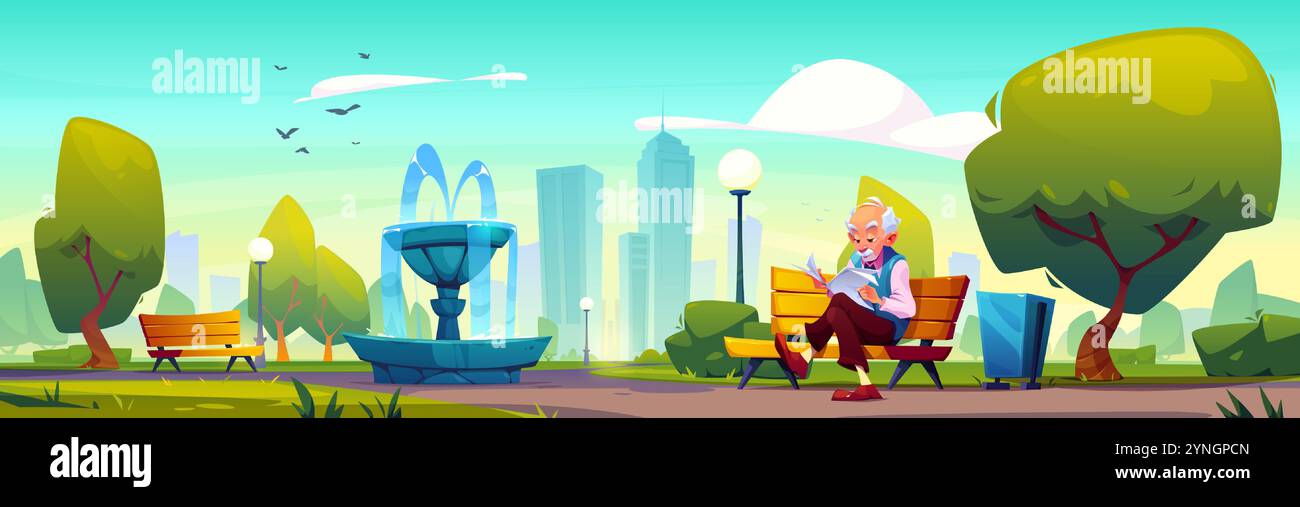 Elderly man reads newspaper on wooden bench near decorative fountain in public urban park. Cityscape backdrop with tall skyscrapers. City garden scene with lampposts, green trees and bushes. Stock Vector