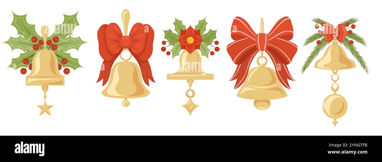 Vector set of golden Christmas bells with red ribbons, leaves and ...