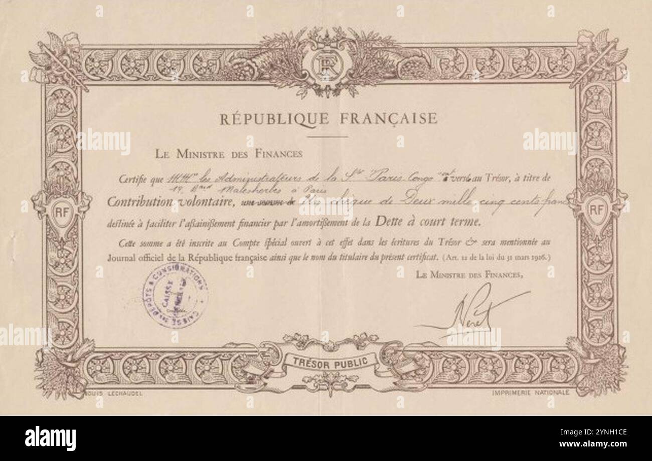 Certificat de contribution volontaire - Paris-Congo - 1926 Stock Photo
