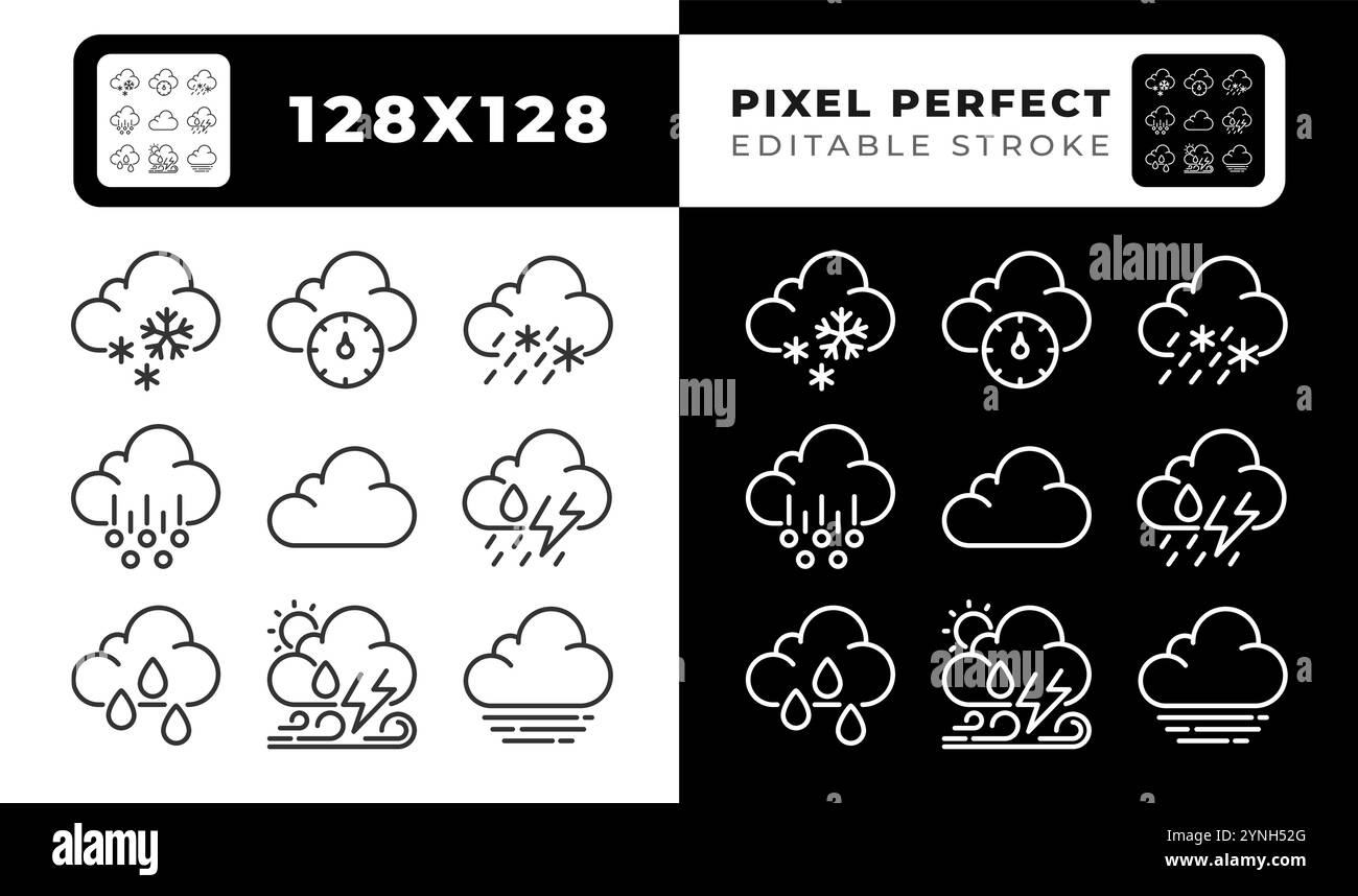 Clouds related linear icons set for dark, light mode Stock Vector