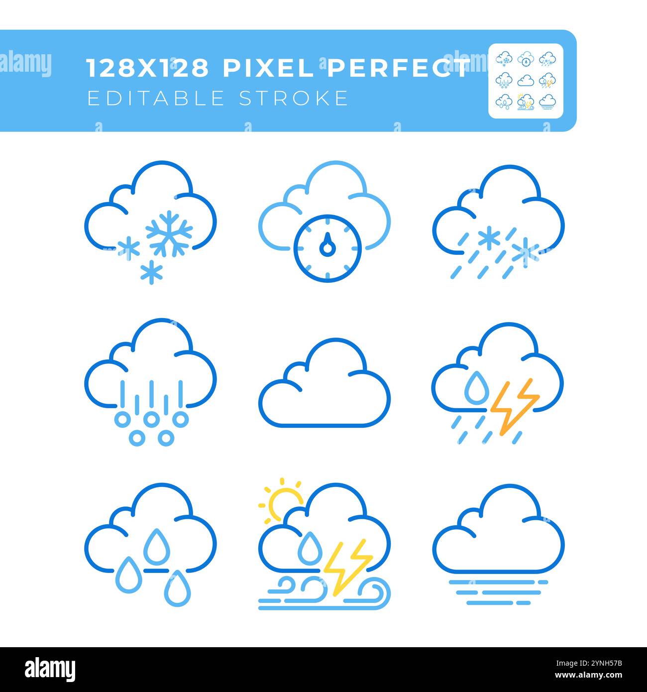 Clouds related two color line icons set Stock Vector