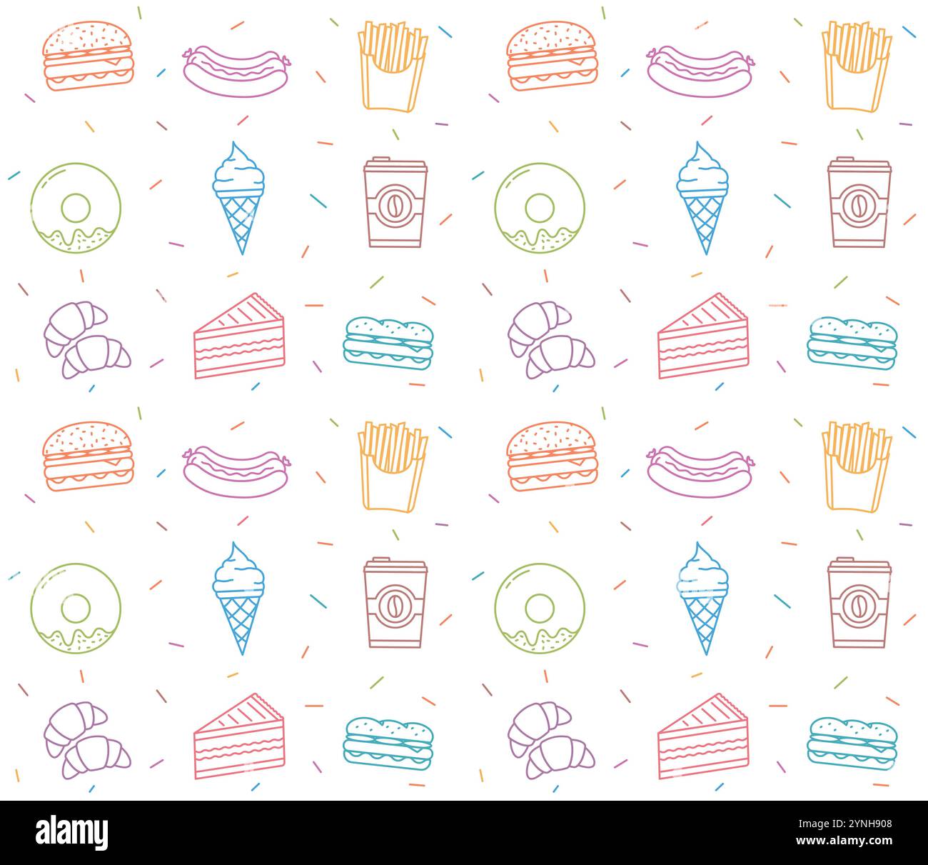 Seamless pattern with colored fast food line icons, vector eps10 ...