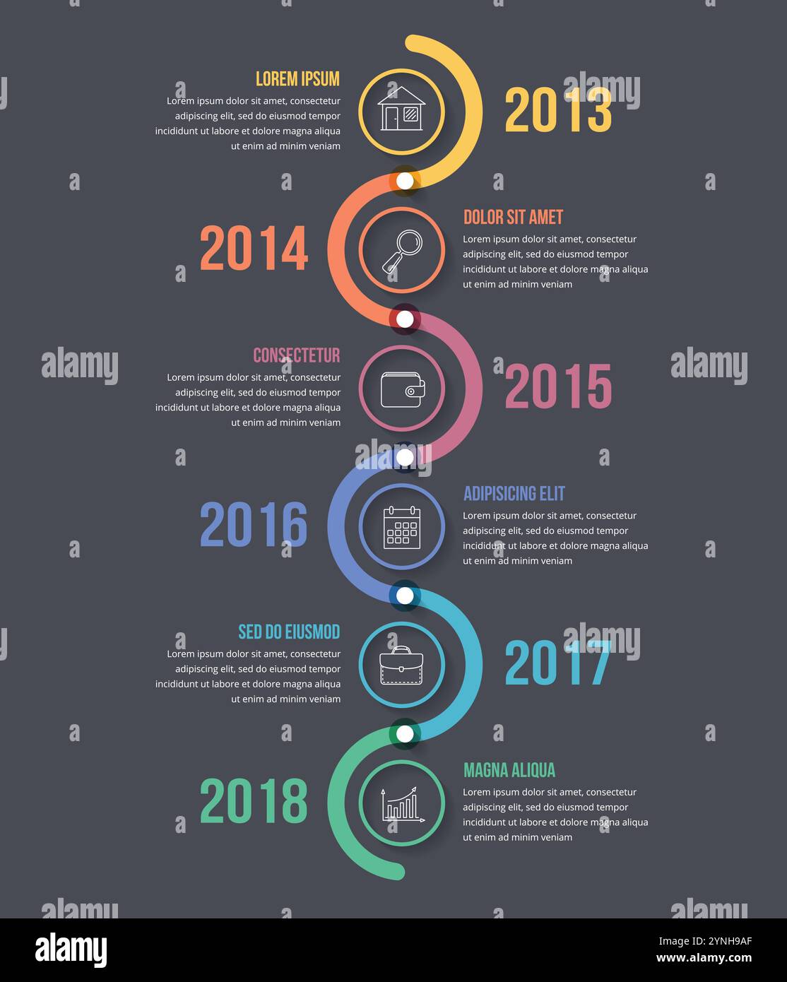 Vertical timeline infographics template with colorful circles, workflow ...