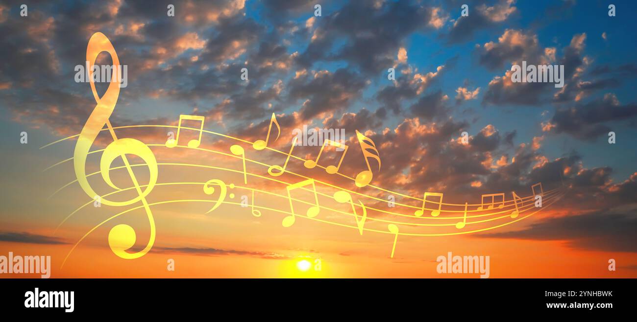 Musical symbols in beautiful sunset sky with clouds. Banner design ...