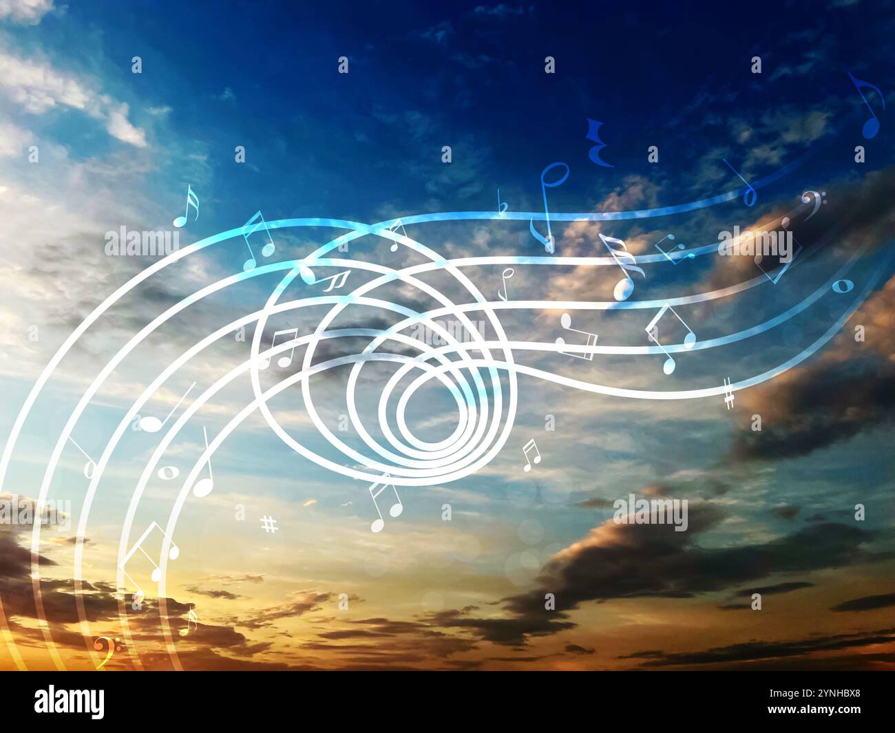 Musical symbols in beautiful sunset sky with clouds Stock Photo - Alamy