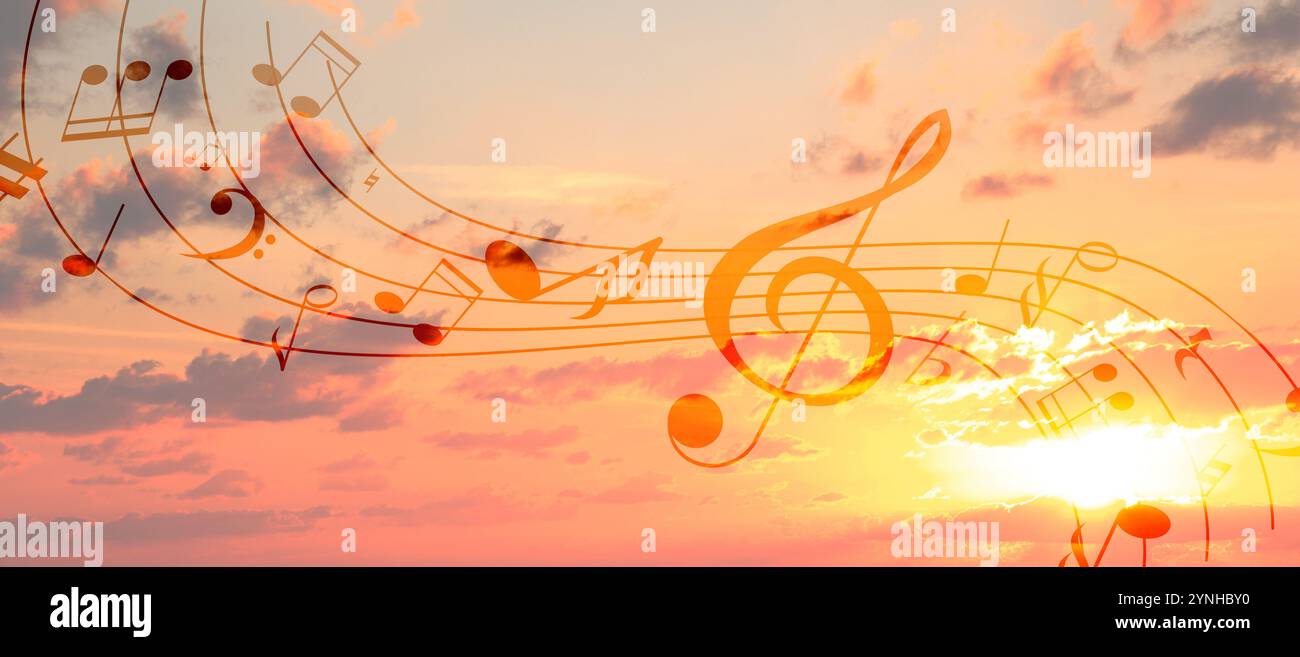 Musical symbols in beautiful sunset sky with clouds, banner design ...