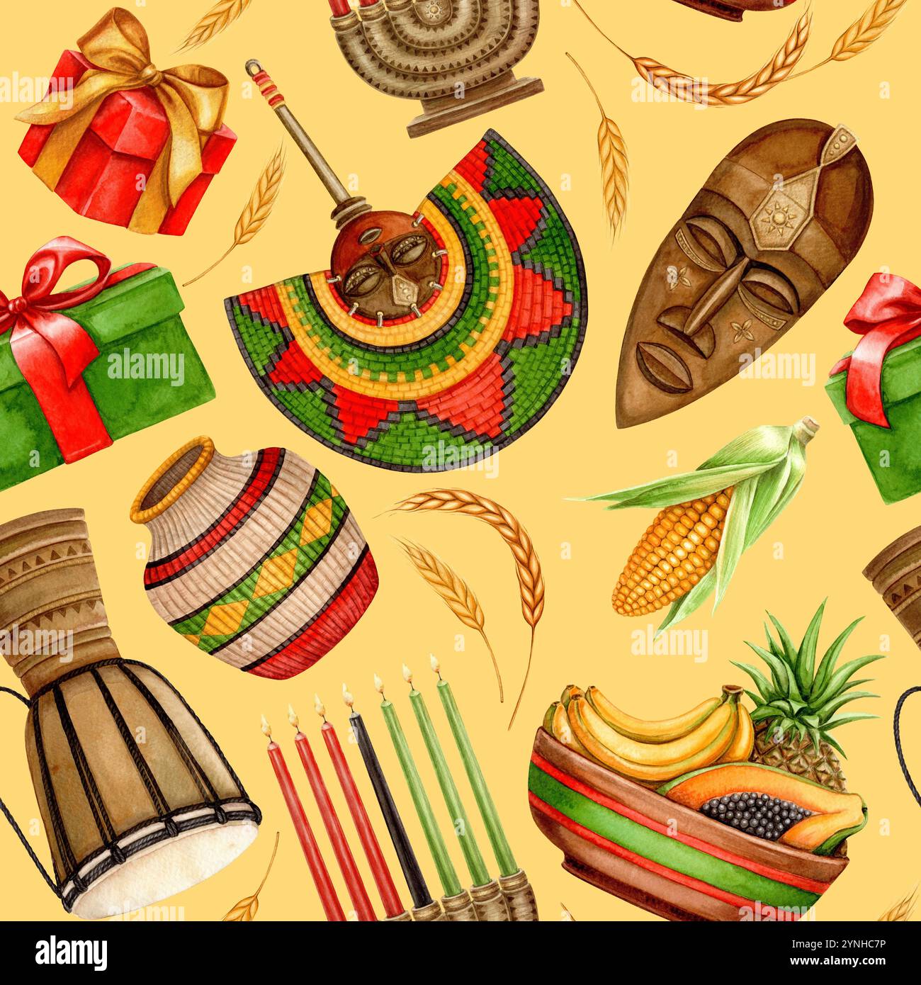 Kwanzaa seamless pattern of scattered African drum, fan and Kinara with gifts. Hand drawn watercolor holiday illustration of traditional symbol Stock Photo