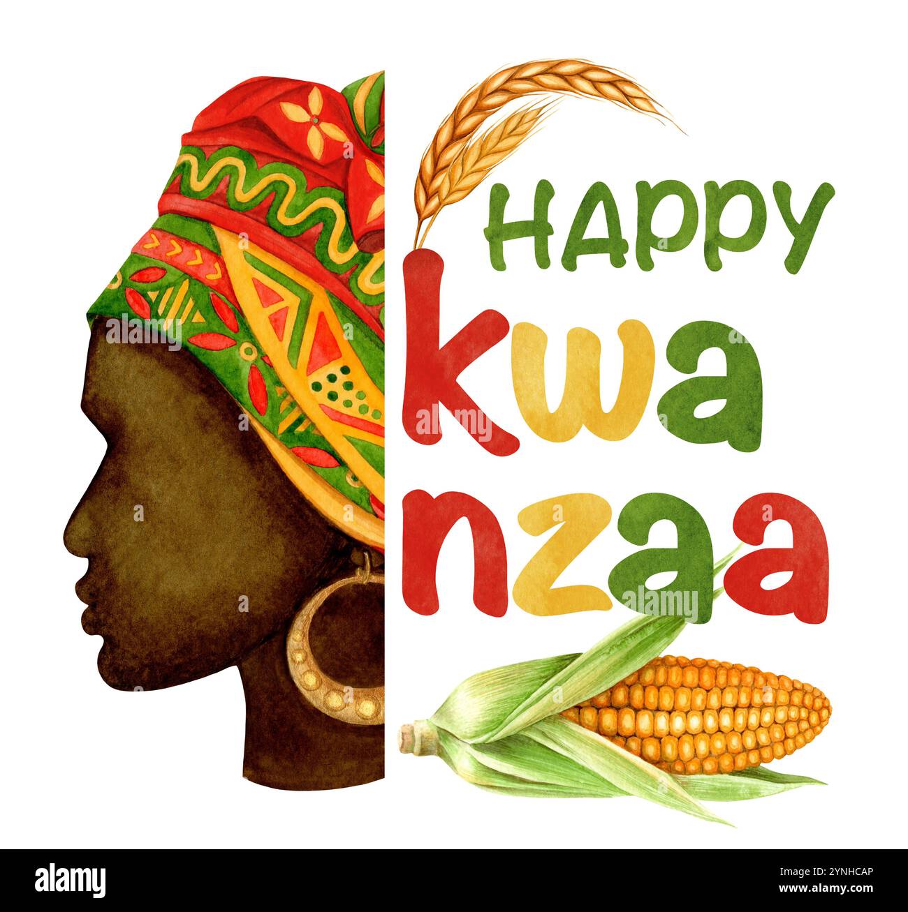 Happy Kwanzaa colorful sign of watercolor letters with black woman and corn. Hand drawn holiday ...