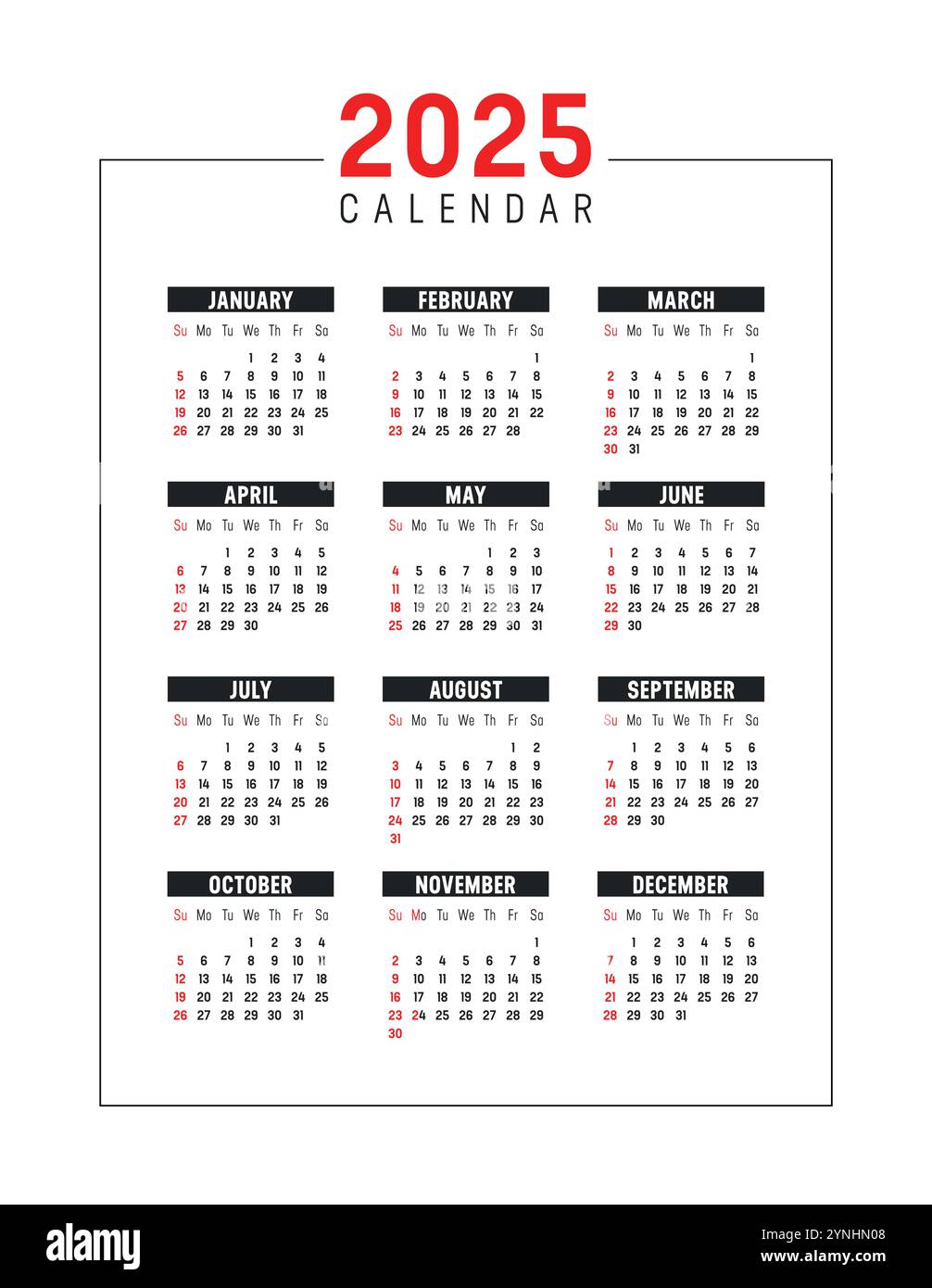 Year 2025 red black vertical calendar on white background, vector template in English Stock