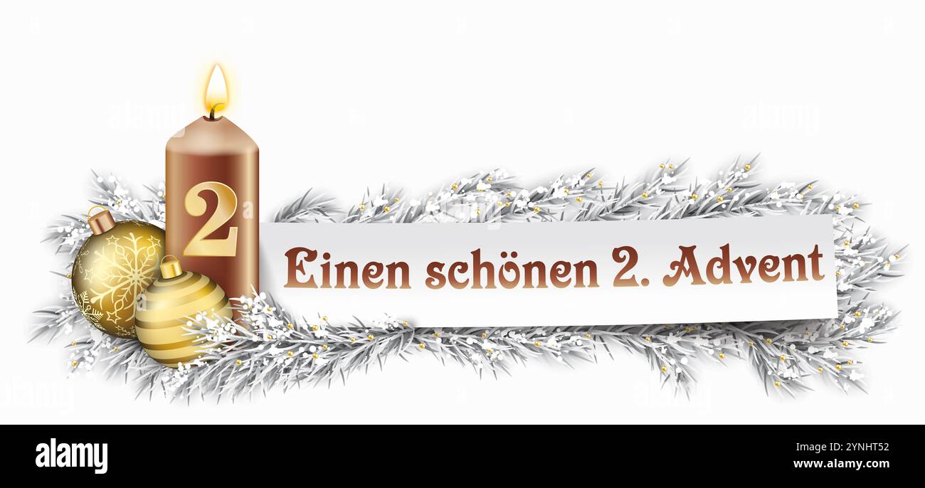 Golden Bauble Frozen Twigs Christmas Candle White Zweiter Advent German text Einen Schoenen 2 Advent, translate happy 2 advent. Stock Photo