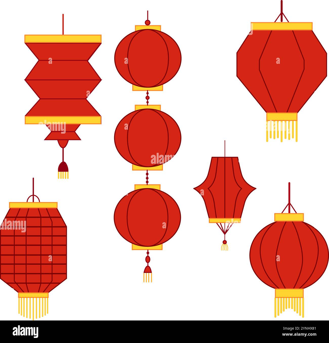 Collection of Chinese red Lanterns vector graphic set. Chinese New Year, Mid Autumn Festival background, banner and greeting card. Flat minimalist geo Stock Vector