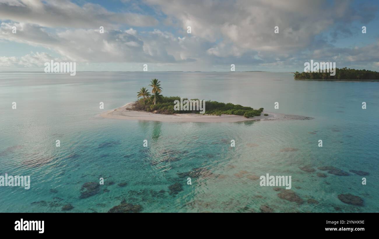 Aerial view of small desert island with palm trees and turquoise coral ...