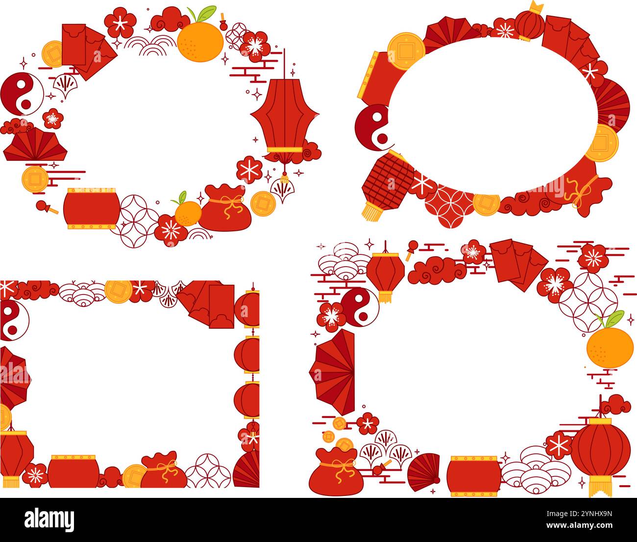 Chinese New Year oval frames set in red, gold and white colors for cover, card, poster, banner. Vector graphic illustration Stock Vector