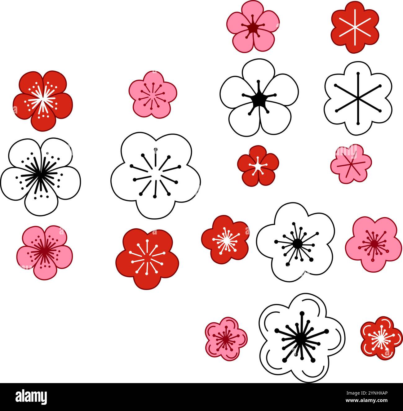 Vector illustration of hand drawn red pink and white graphic blossoms. Cute doodle floral wreath frame set Stock Vector