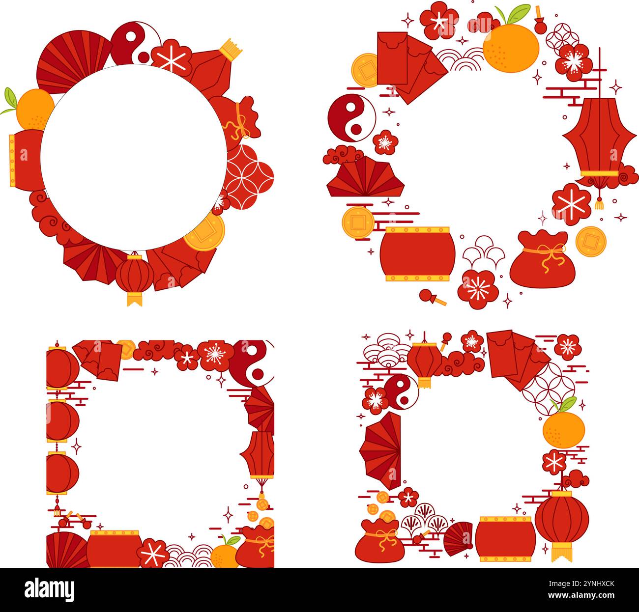 Chinese Lunar New Year illustration set. circle round frames templates vector graphic set Stock Vector
