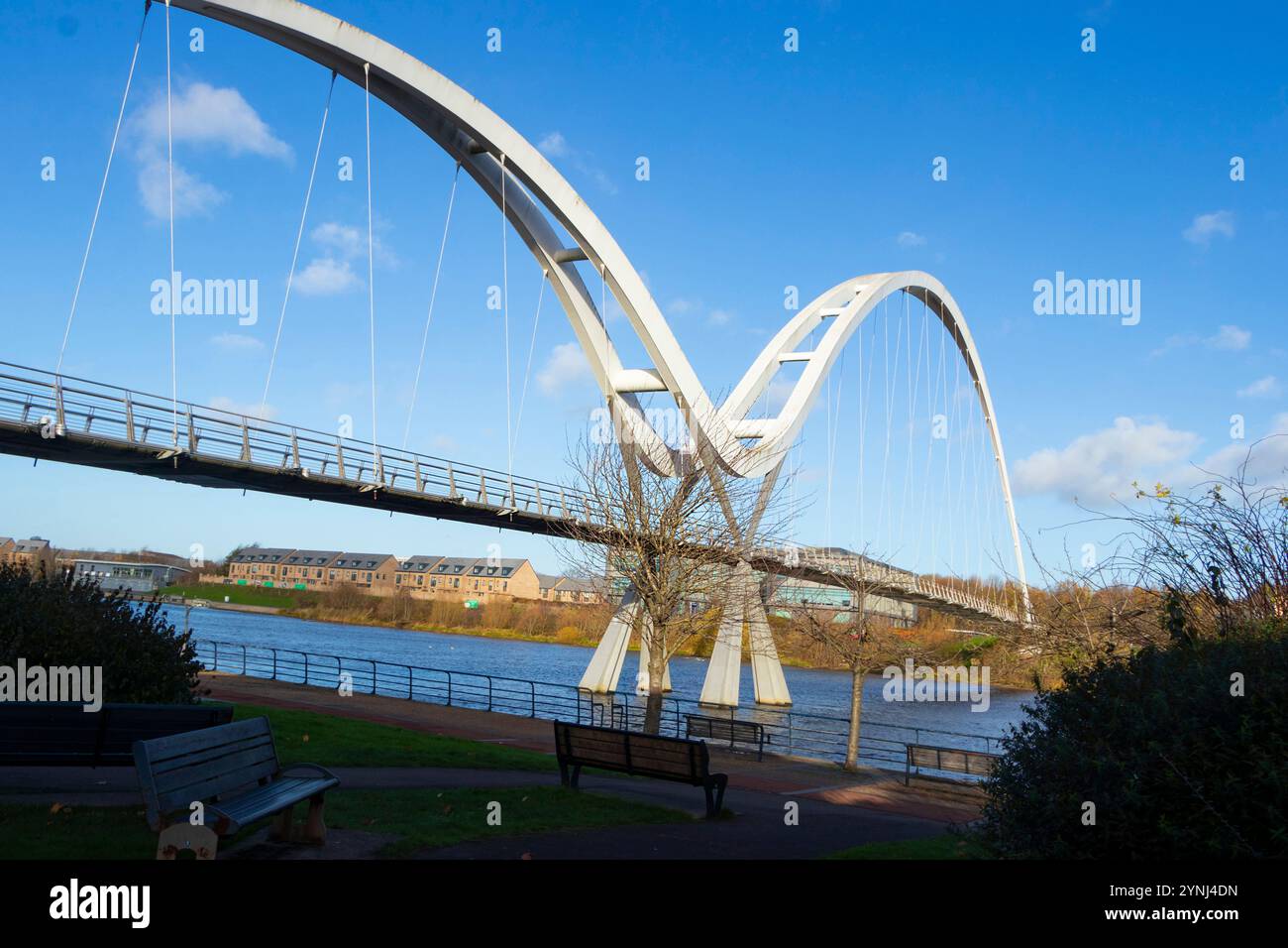 Modern arched pedestrian Infinity bridge spanning river Tees in Stockton on Tees Teesside with blue sky and park benches in the foreground Stock Photo
