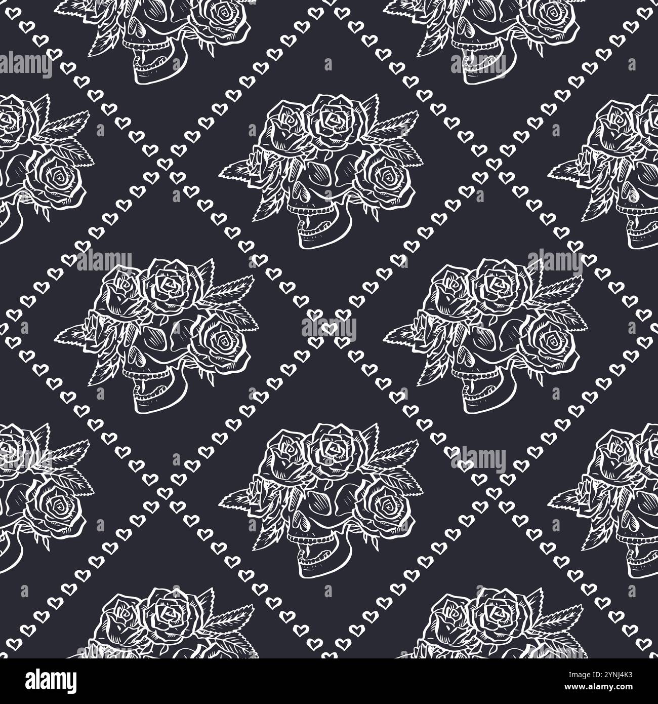 Seamless pattern with hand drawn black and white human skulls and rose flower wreath inside trellis Stock Vector