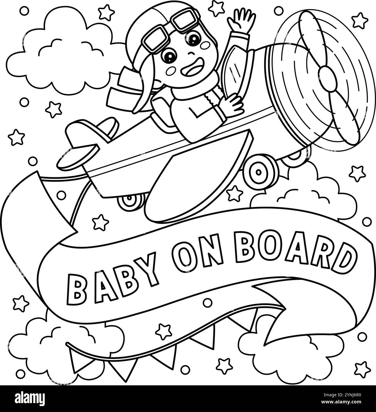 Baby Shower Baby on a Plane Coloring Page for Kids Stock Vector